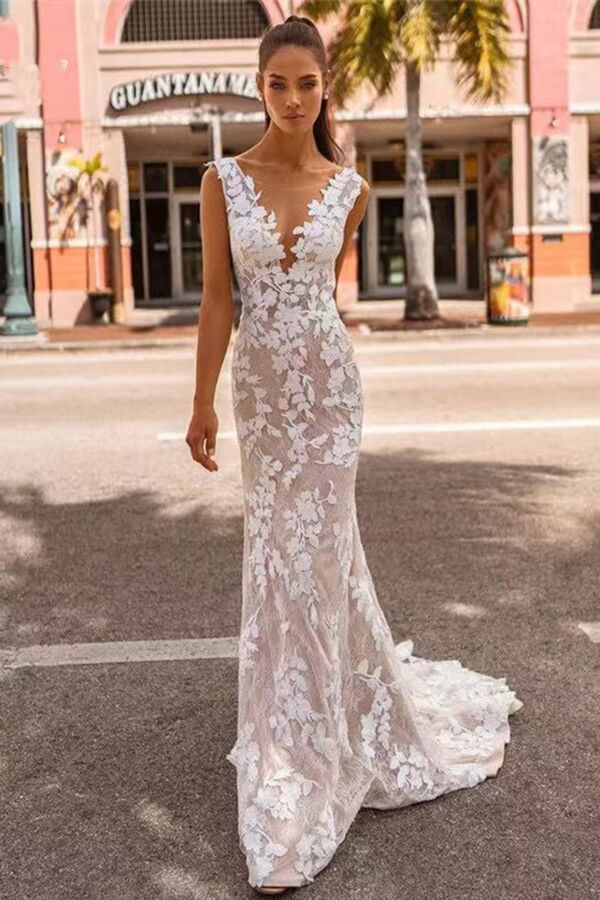 Lace V-Neck Mermaid Gown Long Train for Formal Events