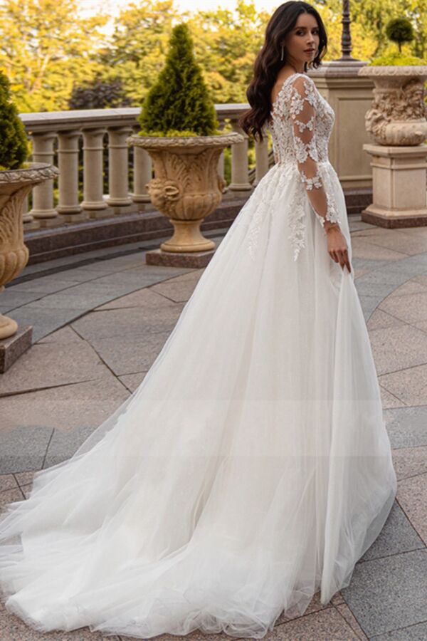 Lace Long-Sleeve Ball Gown with Train for Formal Events