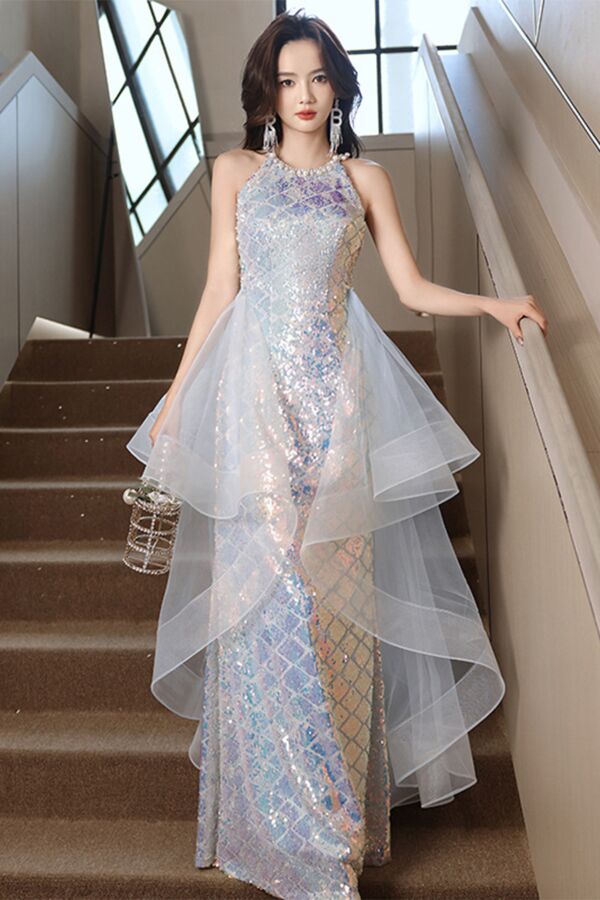 Iridescent Sequin Halter Gown with Layered Sheer Overlay – Perfect for Glamorous Evenings