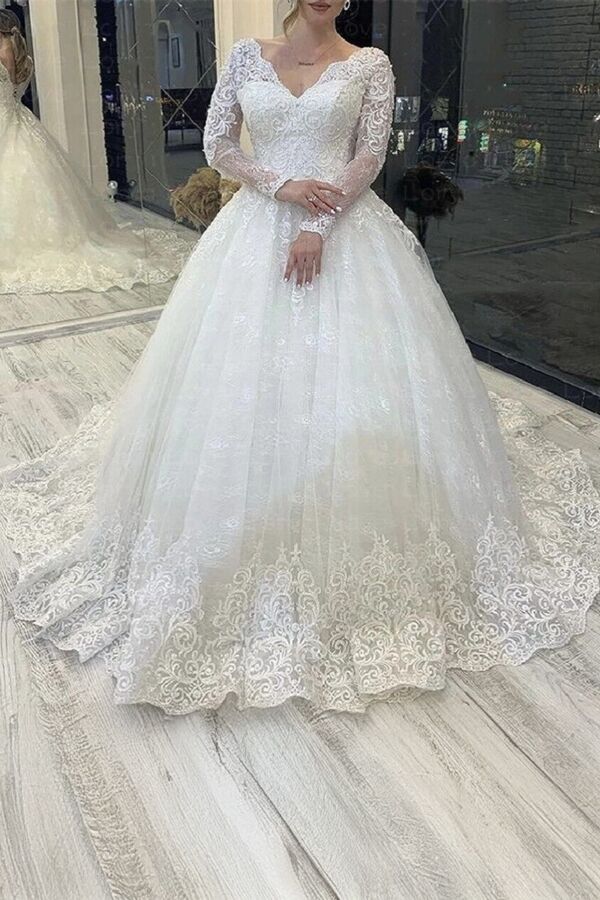 Lace Long Sleeve V-Neck Ball with Long Train for Formal Events