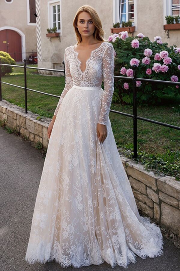 Lace Long-Sleeve V-Neck Ball Gown with Train for Formal Events