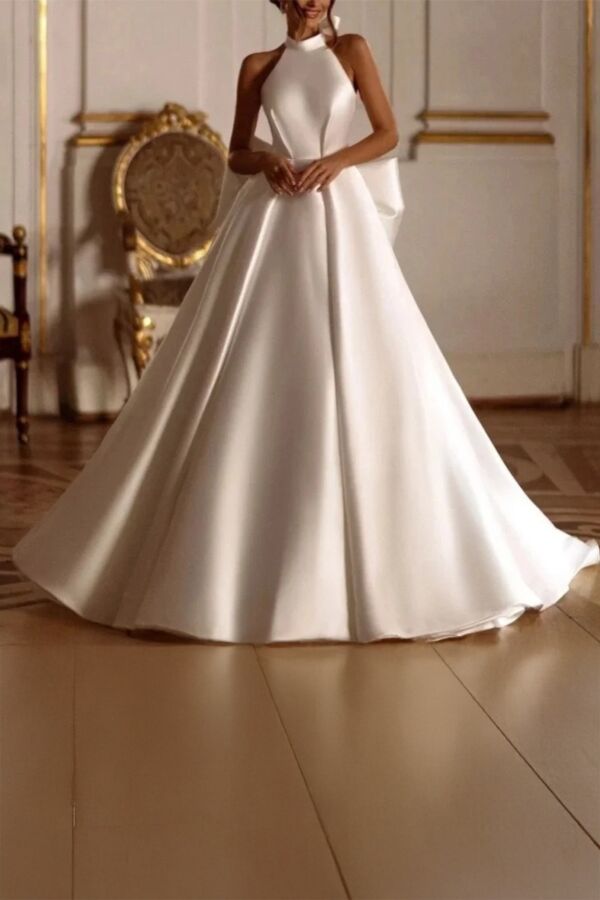 High-Neck Sleeveless Ball Gown with Long Train for Formal Events
