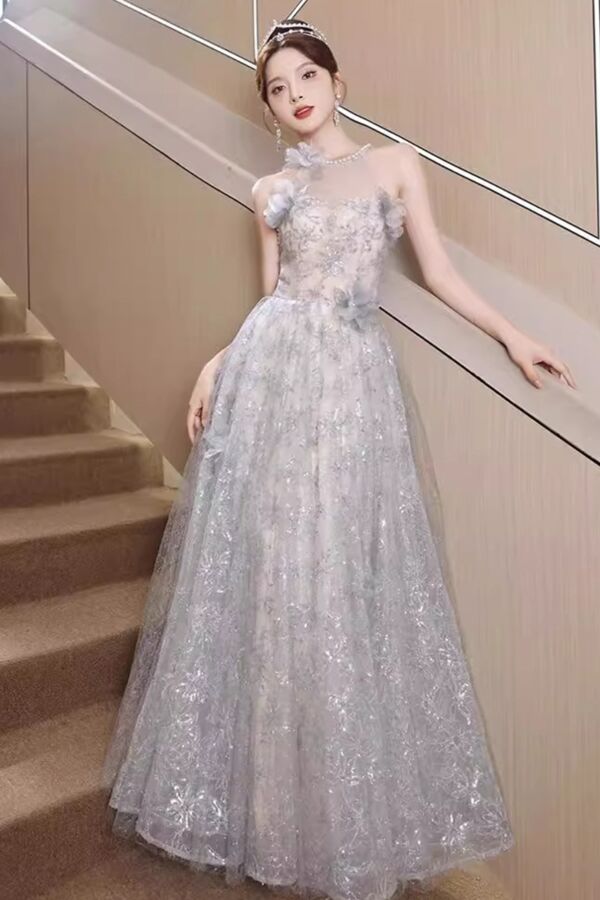Silver Floral Illusion Neckline Ball Gown – Perfect for Weddings and Evening Galas