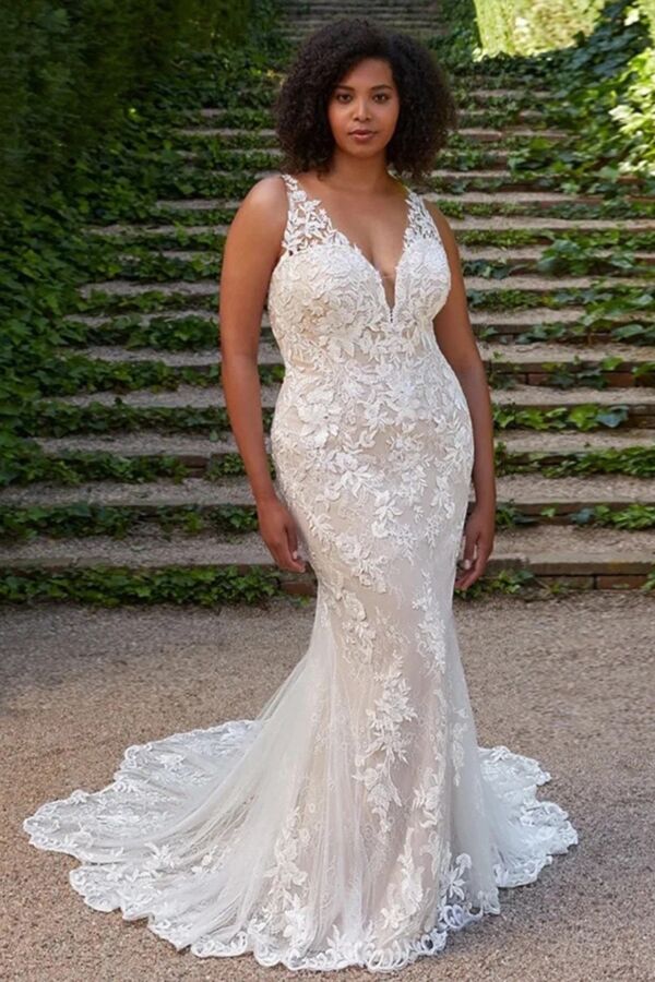 Lace V-Neck Mermaid Gown with Long Train for Formal