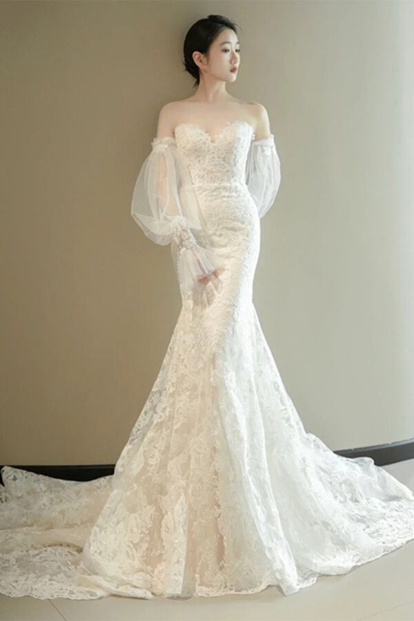 Ivory Lace Off-Shoulder Mermaid Gown with Sheer Sleeves – Perfect for Modern Brides