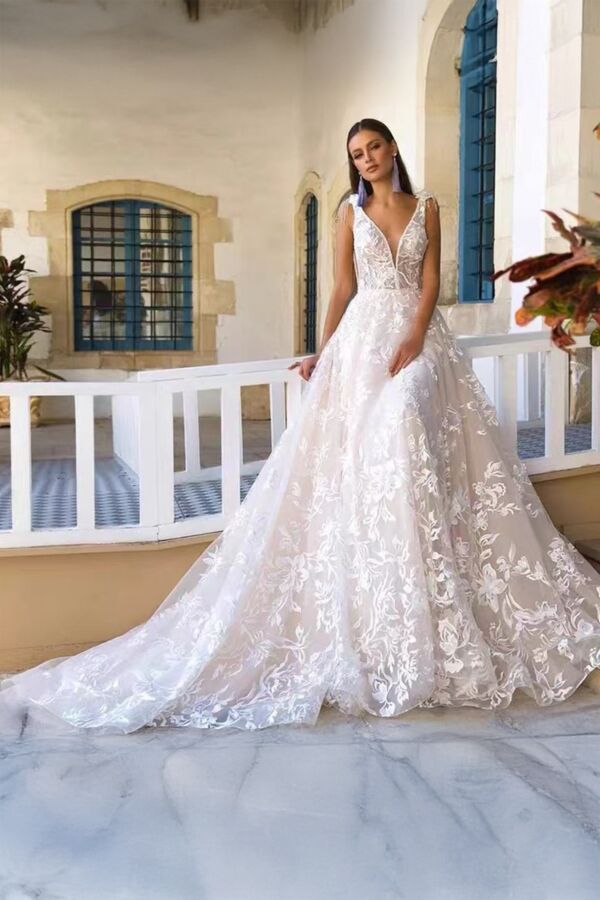 V-Neck Ball Gown with Long Train for Formal Events
