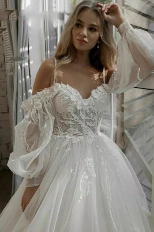 Off-the-Shoulder Lace Ball Gown with Long Train for Formal