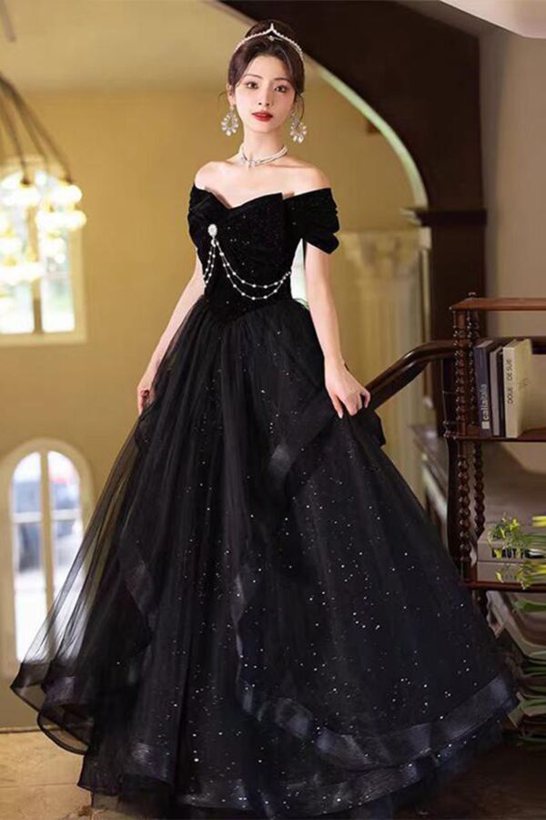 Pearl Nocturne – Off-Shoulder Tulle Ball Gown with Pearl Drapes