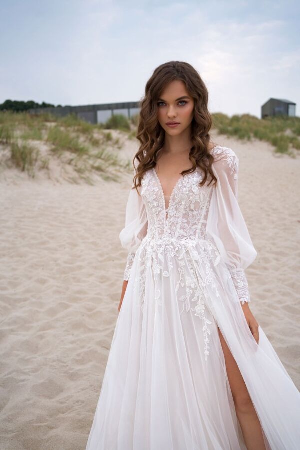 Lace V-Neck Long Gown with High Slit and Long Train for Beach Weddings