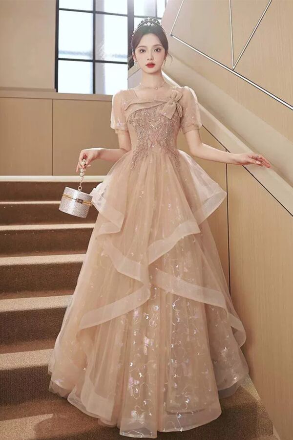 Champagne Bow Tiered Tulle Ball Gown – Perfect for Weddings and Formal Occasions