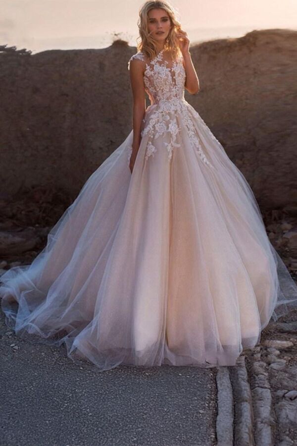 Lace Illusion Neckline Tulle Ball Gown with Long Train for Wedding Receptions