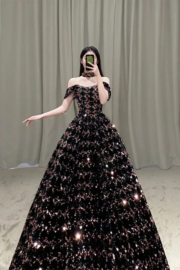 Celestial Nightfall Sequin Gown – Off-Shoulder Black Ball Gown