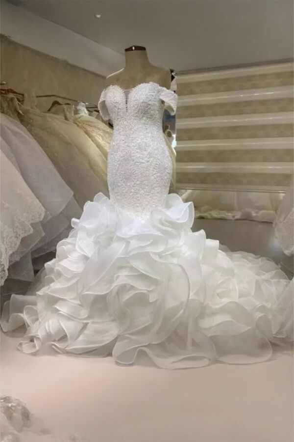 Off-the-Shoulder Beaded Mermaid Gown with Ruffled Long Train for Formal Events