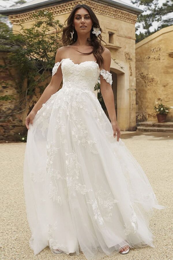 Off Shoulder Lace Ball Gown with Long Train for Formal Events