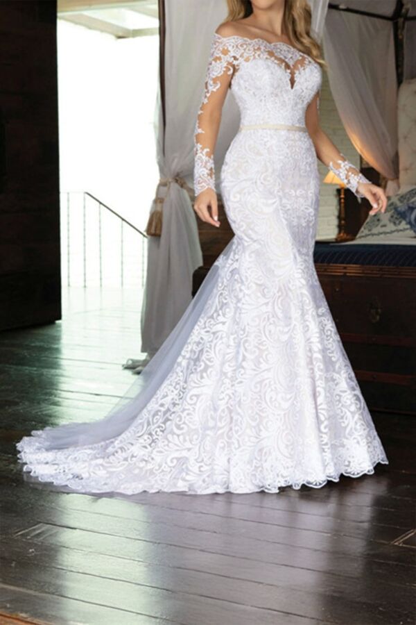 Lace Shoulder Mermaid Gown with Long Train Formal Events