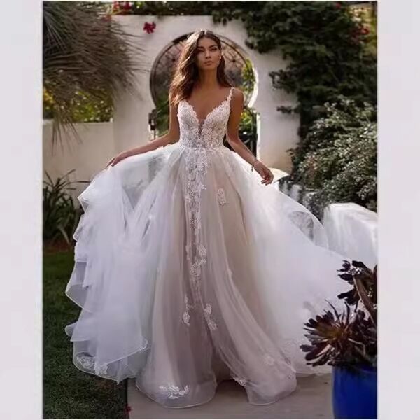 Lace V-Neck Ball Gown with Layered Tulle Skirt and Long Train for Formal Events