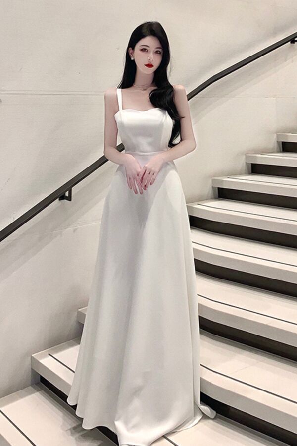 Sleek White Satin Spaghetti-Strap Gown – Perfect for Weddings and Formal Soirees