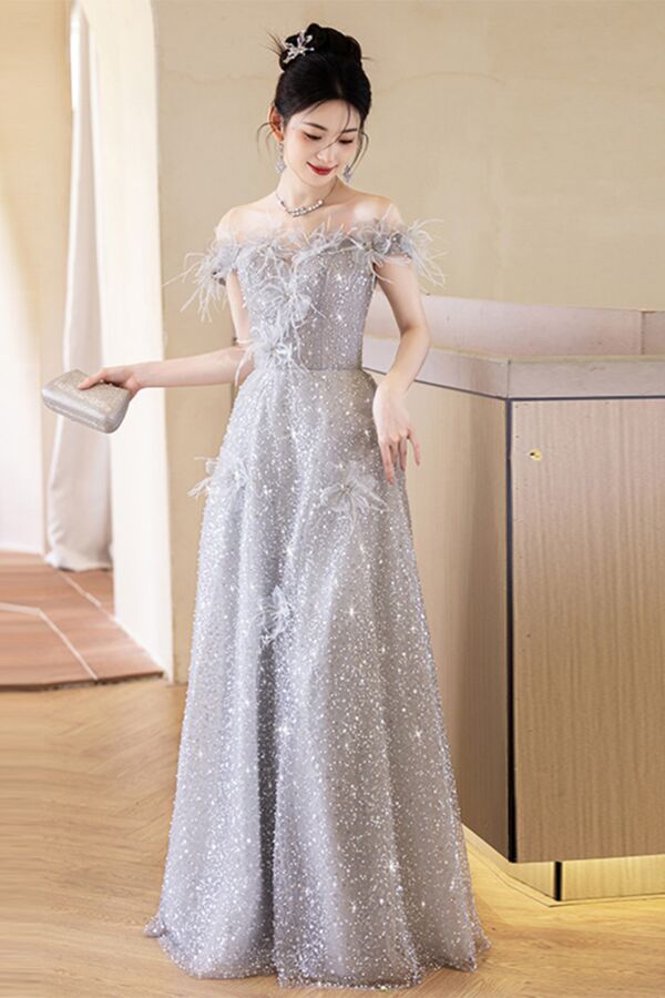 Silver Feather Off-Shoulder A-Line Gown – Perfect for Weddings and Formal Soirées