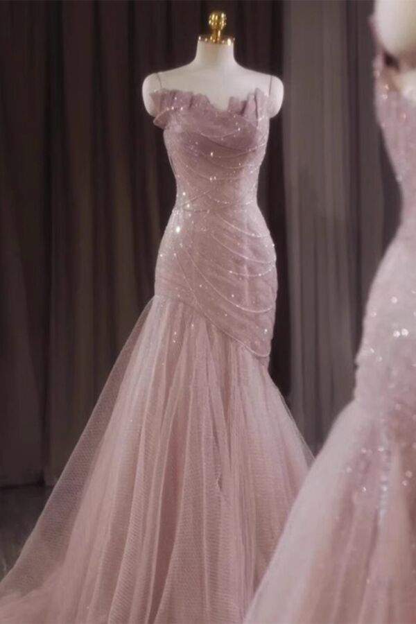 Elegant Pink Mermaid Train Evening Gown - Fairy-Tale Spaghetti Strap Long Dress for Engagement and Adult Celebrations