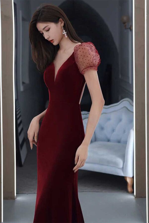 Burgundy Velvet V-Neck Puff Sleeve Gown – Perfect for Weddings and Evening Soirees