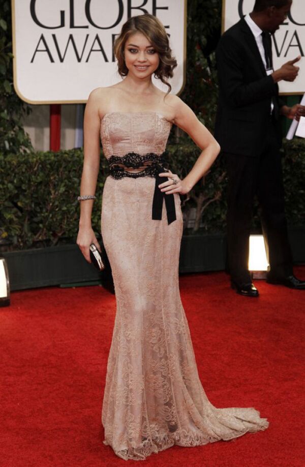 Sarah Hyland Champagne Strapless Mermaid Lace Prom Dress Golden Globes 2012