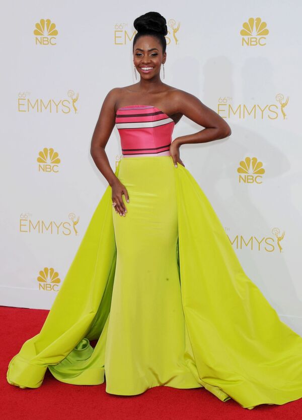 Teyonah Parris Inspired Pink and Lime Straight Neckline Column Evening Gown - main reference image