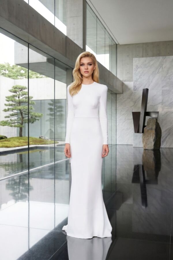 Snow Aura Nicola Peltz Inspired White Long Sleeve High Neck Sheath Celebrity Formal Prom Dress Transformers Premiere