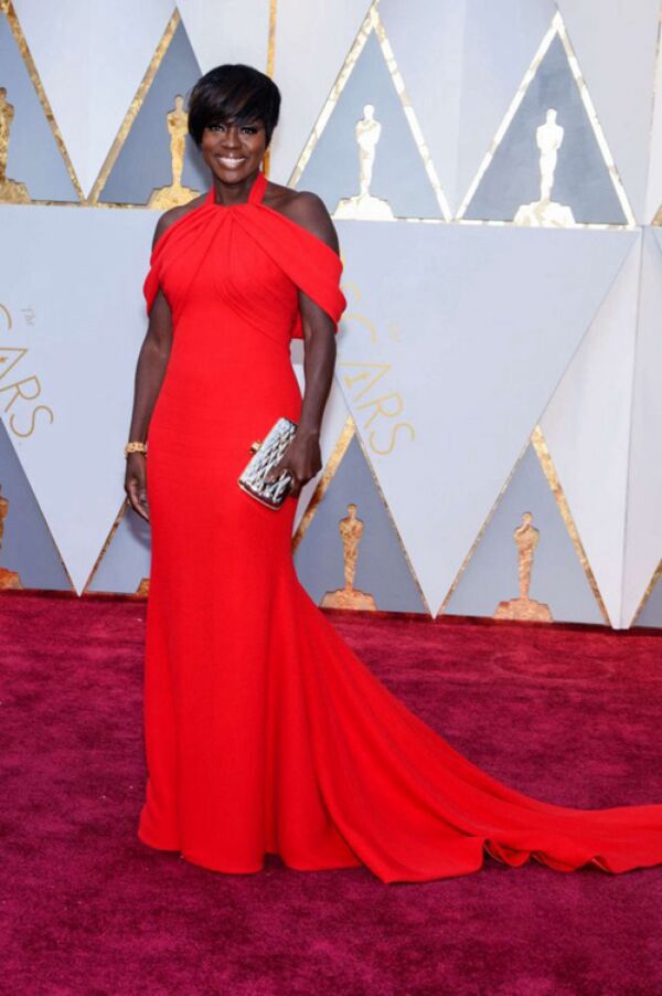 Viola Davis Red Draped Off-Shoulder Gown Oscars 2017 Red Carpet