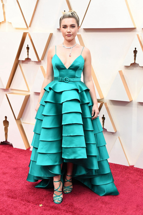 Florence Pugh Inspired Teal Blue Satin Formal Prom Celebrity Dress Oscars 2020