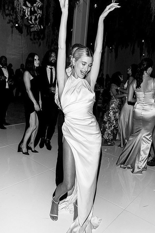 Hailey Baldwin White Halter Satin Celebrity Wedding Dress with Slit