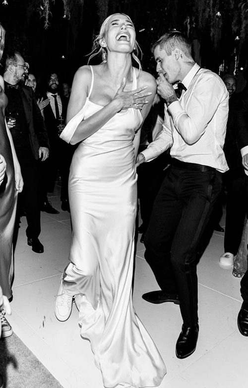 Hailey Bieber Inspired White Satin Backless Celebrity Wedding Reception Dress