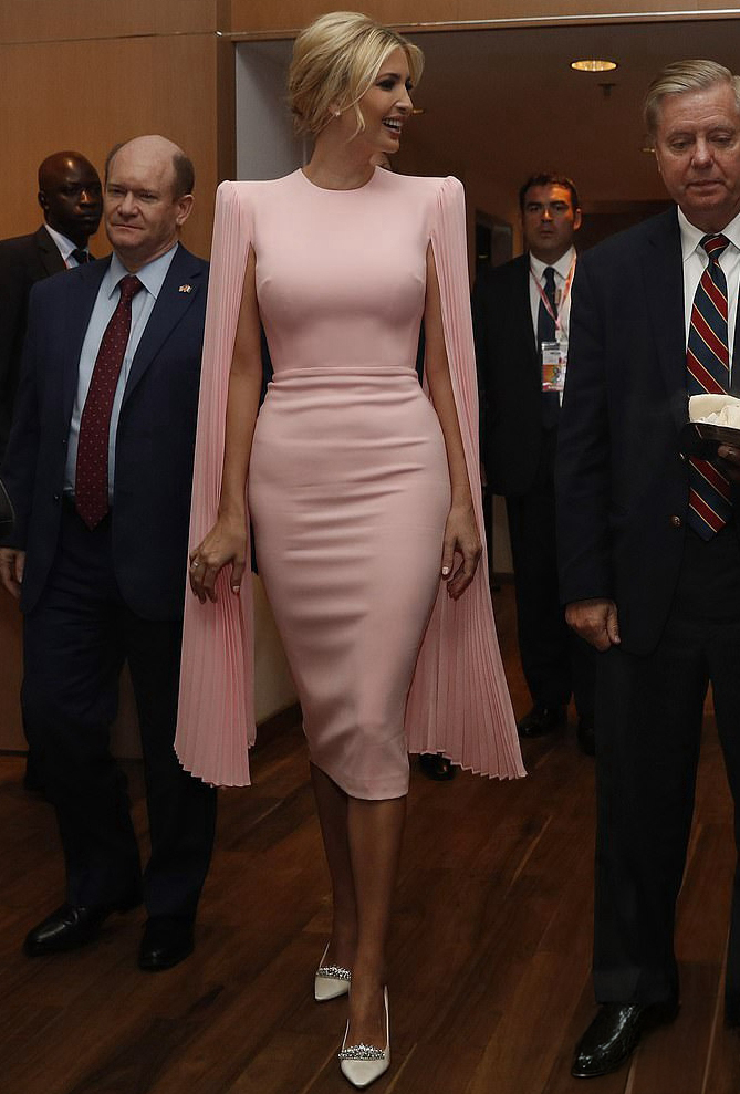 Diplomat’s Poise – Summit Reception–Inspired Blush Pink Pleated Cape-Sleeve Sheath Midi Dress