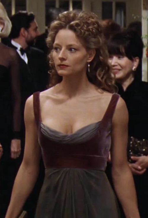 Jodie Foster Inspired Burgundy and Gray Satin Dress in Contact – Elegant Evening Gown with Square Neckline and Floor-Length Design