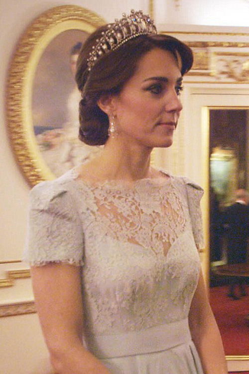 Kate Middleton Silver Lace Short-sleeve Celebrity Formal Dress Diplomatic Reception