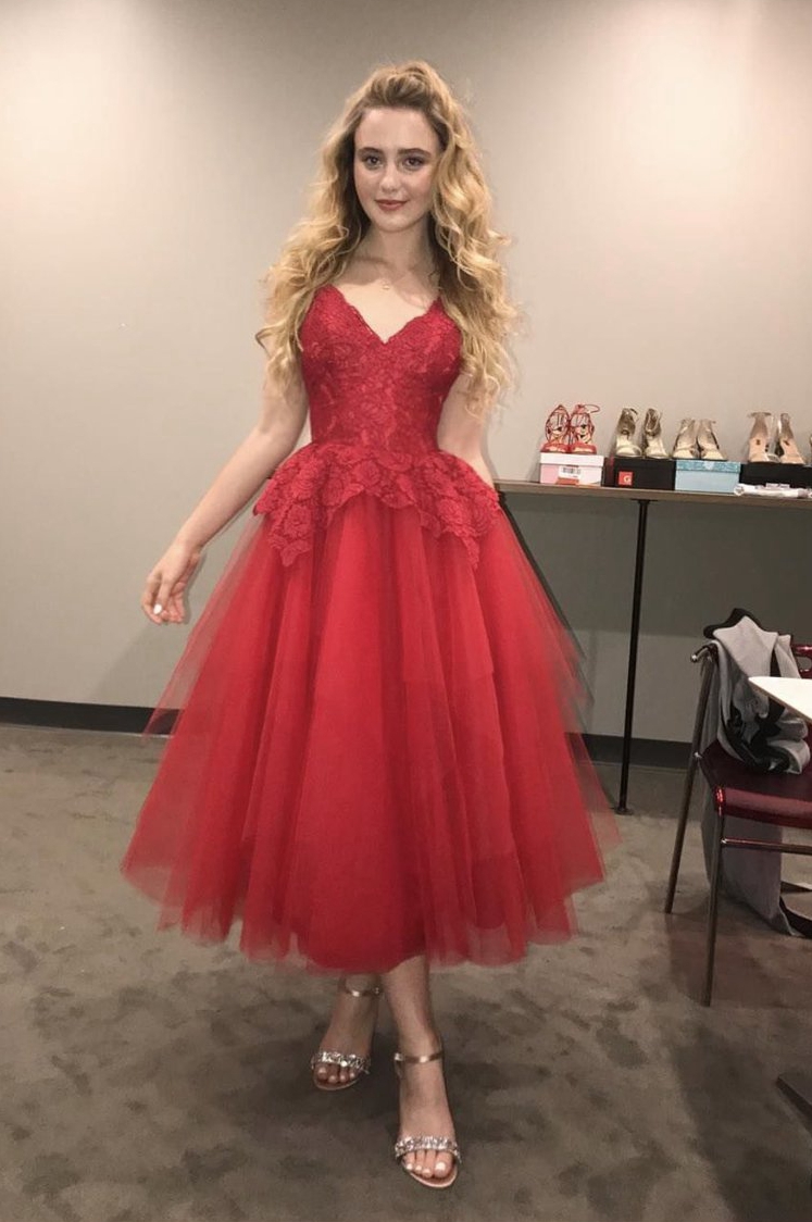 Kathryn Newton Red Lace Tulle Tea-length Cocktail Party Dress Movie "Blockers"