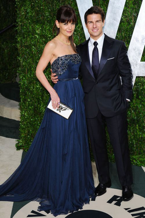 Katie Holmes Navy Strapless Chiffon Formal Dress Vanity Fair Oscar Party 2012