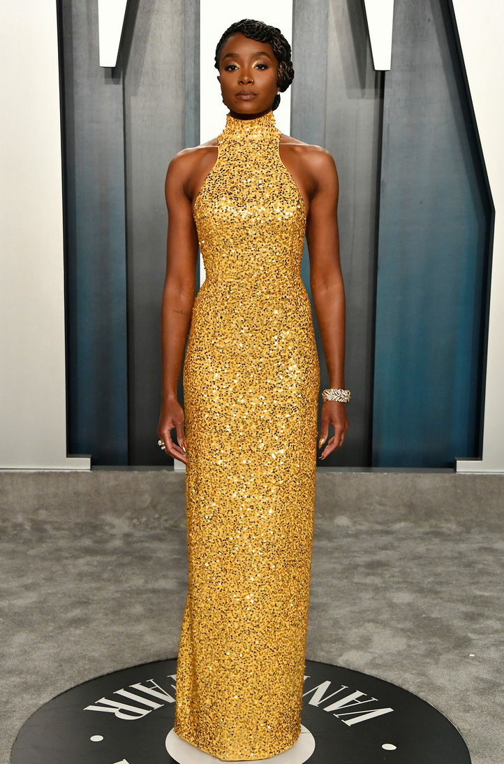 Kiki Layne Gold Sequin High-neck Formal Prom Dress Vanity Fair Oscars Party 2020