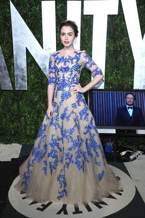 Enchanted Bloom Lily Collins Inspired Blue Lace Embroidered Tulle Ball Gown Celebrity Formal Prom Dress Vanity Fair Oscar Party 2012