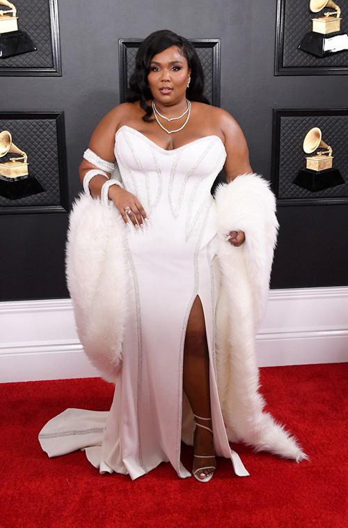 Lizzo White Strapless Beaded Formal Celebrity Dress with Slit Grammys 2020