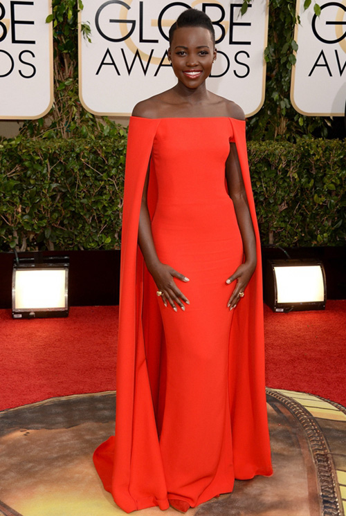 Lupita Nyong’o Red Off-the-Shoulder Cape Gown Golden Globes 2014