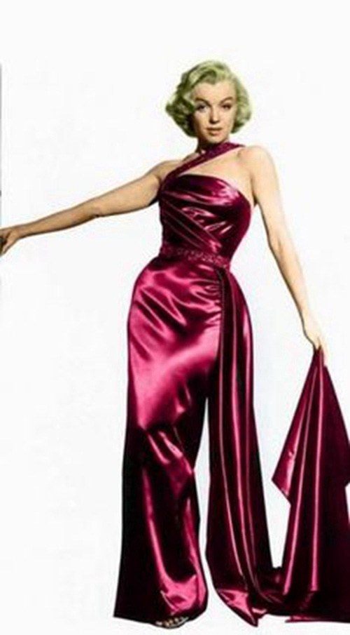 Silk Siren – Marilyn Monroe “How to Marry a Millionaire”–Inspired Burgundy Satin Halter Jumpsuit