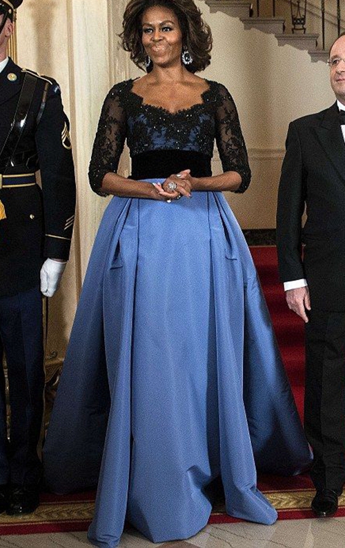 Michelle Obama Inspired Black and Blue Lace Celebrity Formal Evening Dress