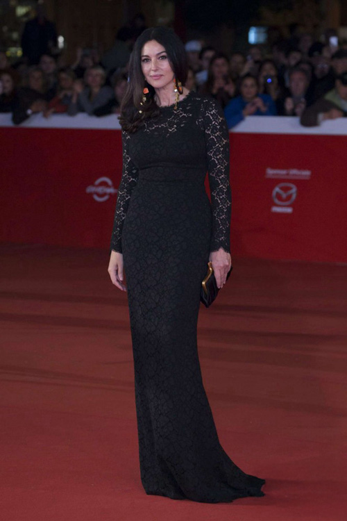 Monica Bellucci Inspired Black Lace Long Sleeve Jewel Neck Sheath Floor Length Celebrity Formal Dress