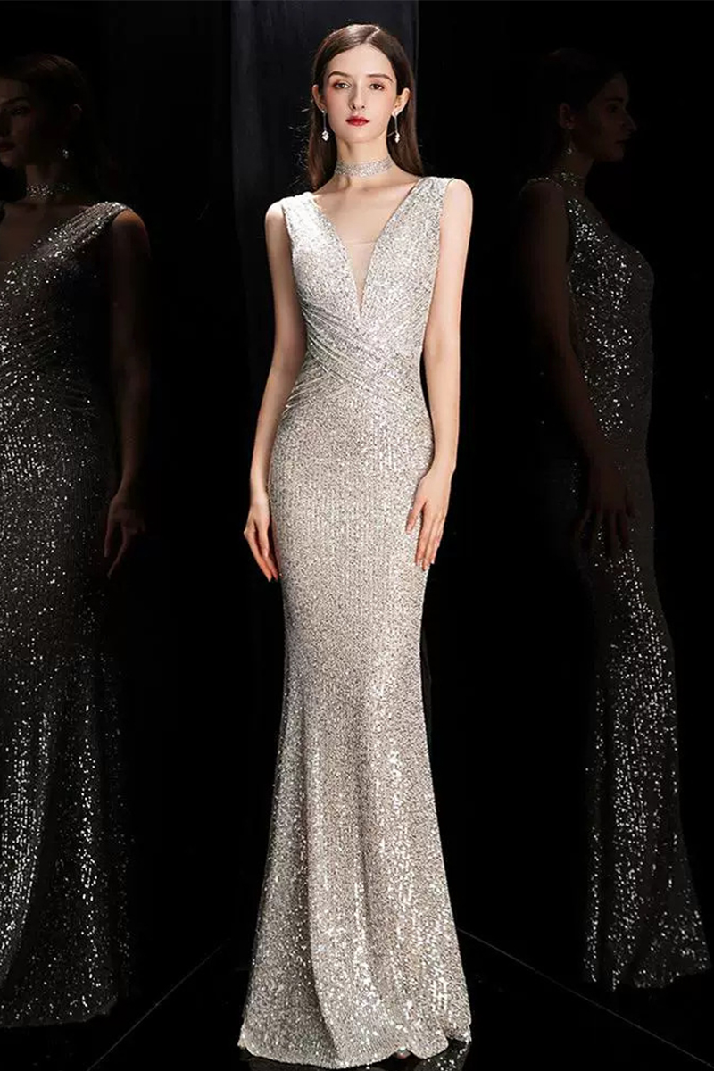 Celestial Silver Sequin Gown – Glamorous Deep V-Neck Bodycon Dress for Red Carpet & Gala Nights