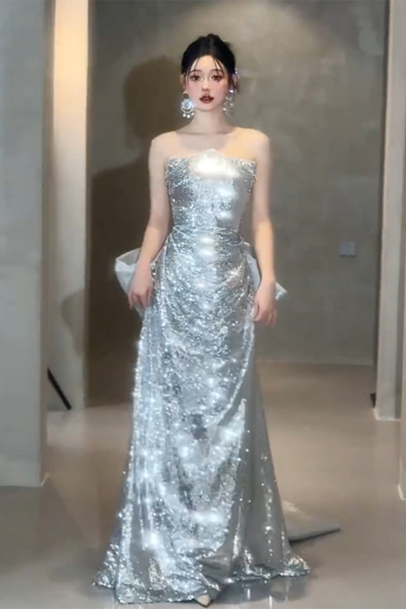 Silver Sequin Strapless Gown with Bow Accent – Perfect for Weddings and Formal Galas