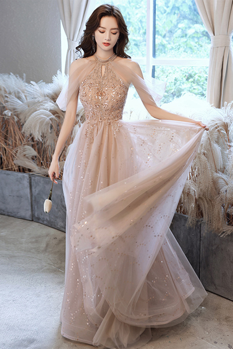 Dusty Rose Beaded Halter Tulle Gown with Cape – Perfect for Weddings and Formal Galas