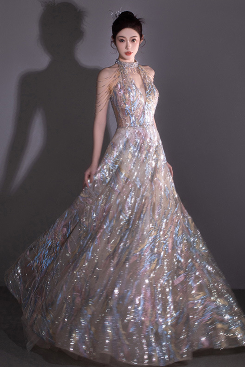 Iridescent Halter-Neck A-Line Gown with Sheer Bodice – Perfect for Galas and Formal Events