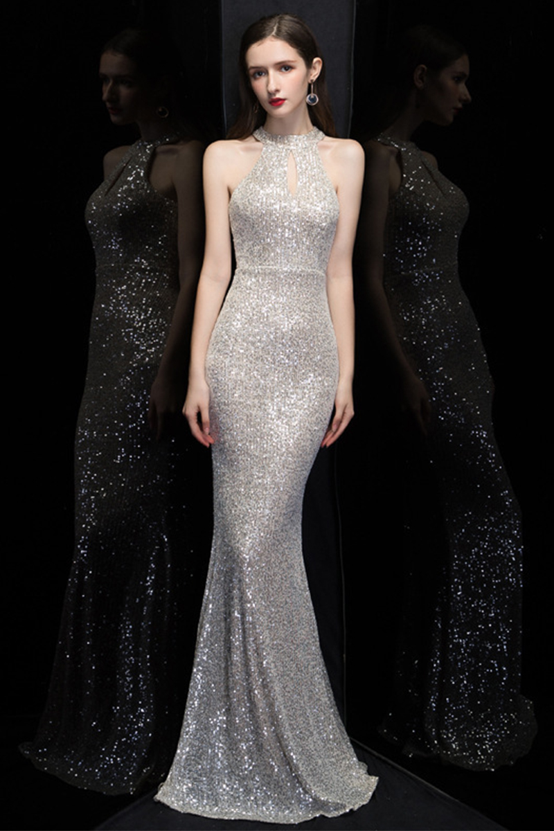 Silver Keyhole Halter Sequin Mermaid Gown – Perfect for Red-Carpet Events and Evening Galas