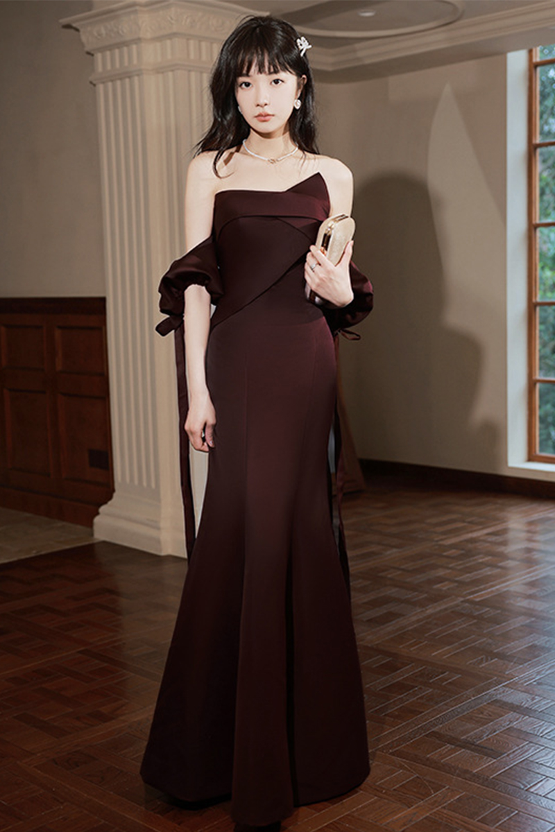 Burgundy Off-Shoulder Satin Evening Gown with Flowing Sleeves – Elegant for Formal Occasions