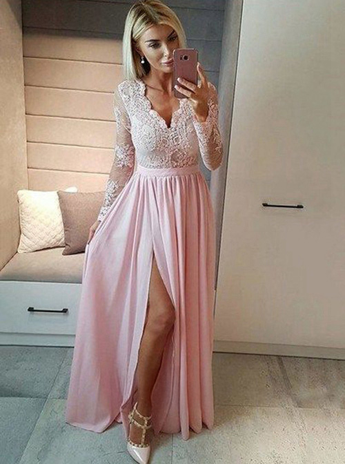 Blush Petal – Pink Lace Chiffon Prom Dress with Thigh-High Slit